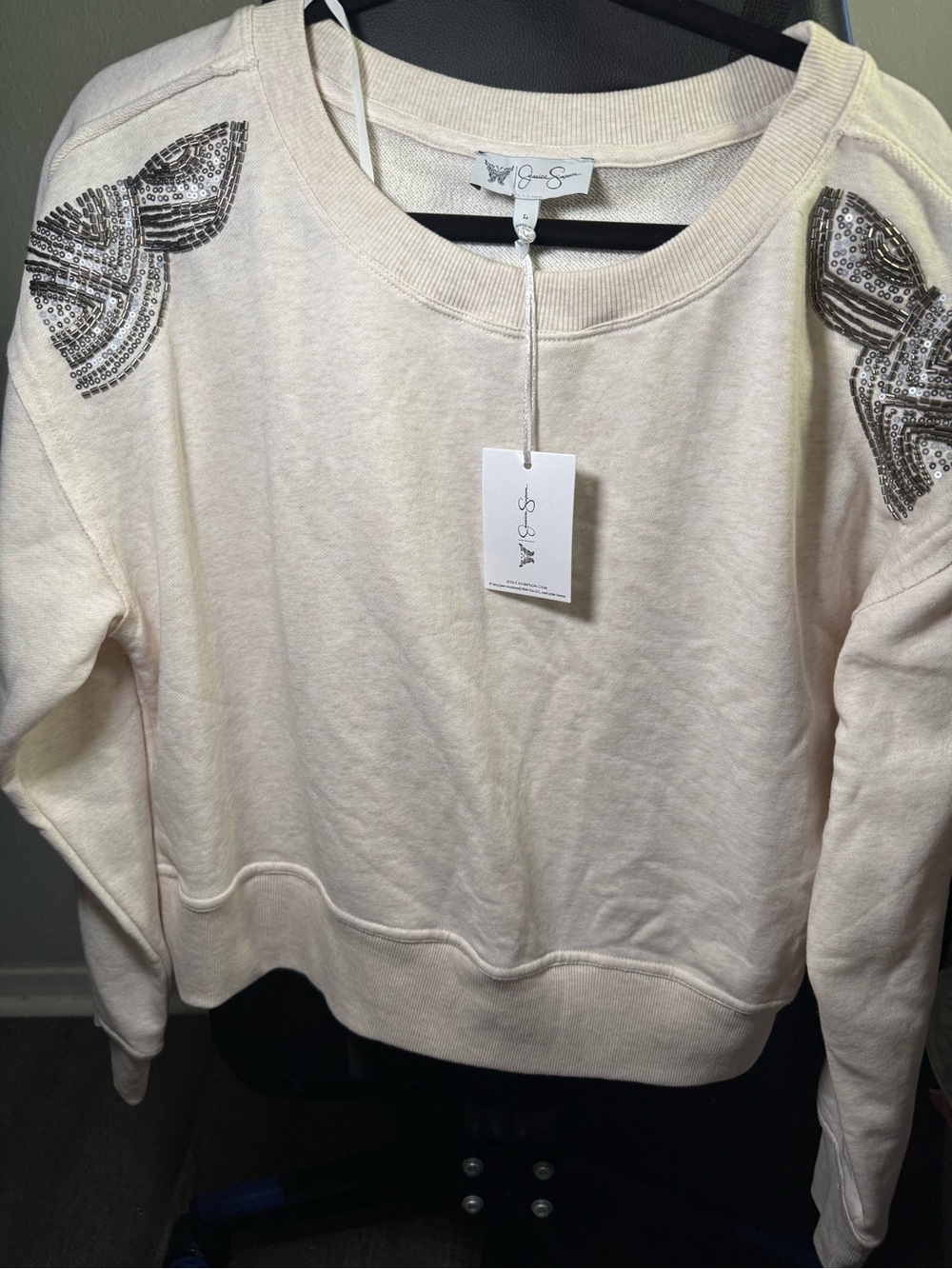 Jessica Simpson Cream Crewneck Sweater with Sequin Shoulder Appliqués